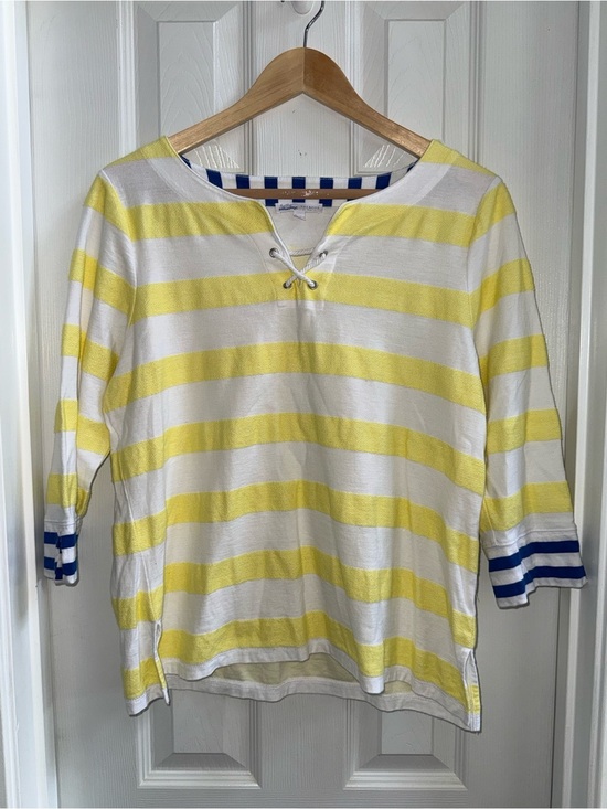 Talbots Tops - Talbots Nautical Tie 3/4 Sleeve Top Sz LP Blue White Yellow Strip Beach Resort